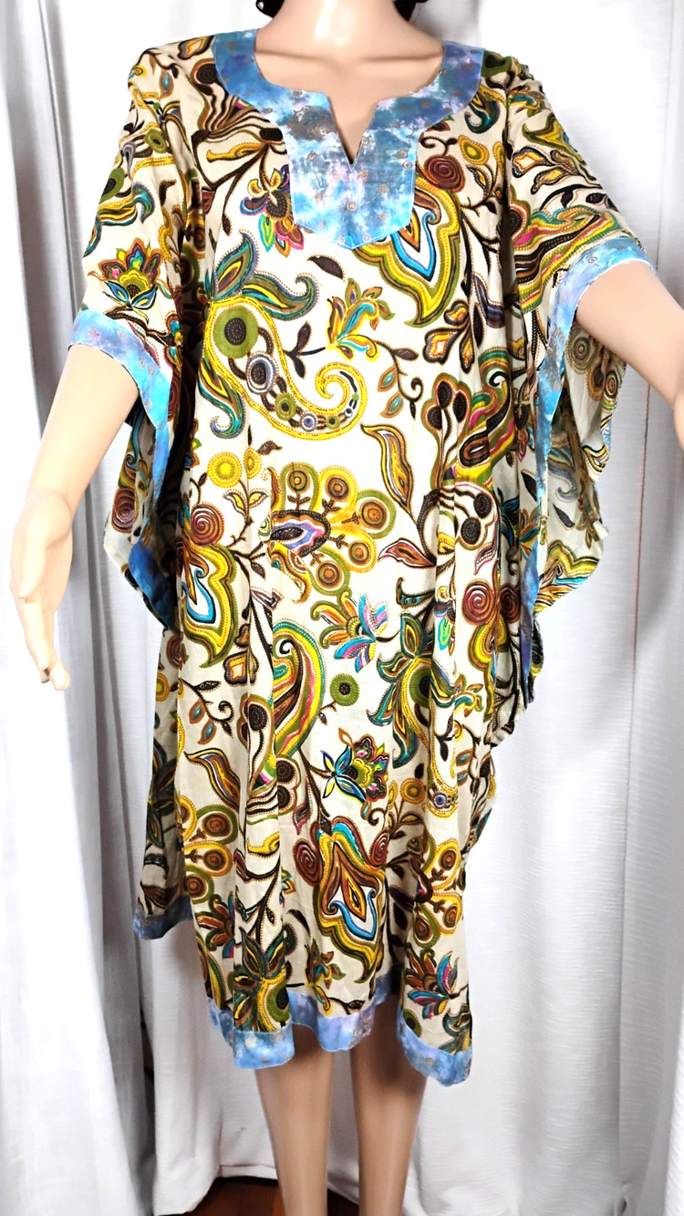 Cotton Paisley Caftan Dress Flowy V Neck Boho Vacation Lounge Maximalist